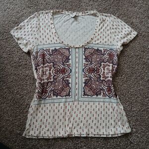 🧚‍♀️Lucky Brand Cream Paisley Border Print Scoop Neck Tee | Small Petite